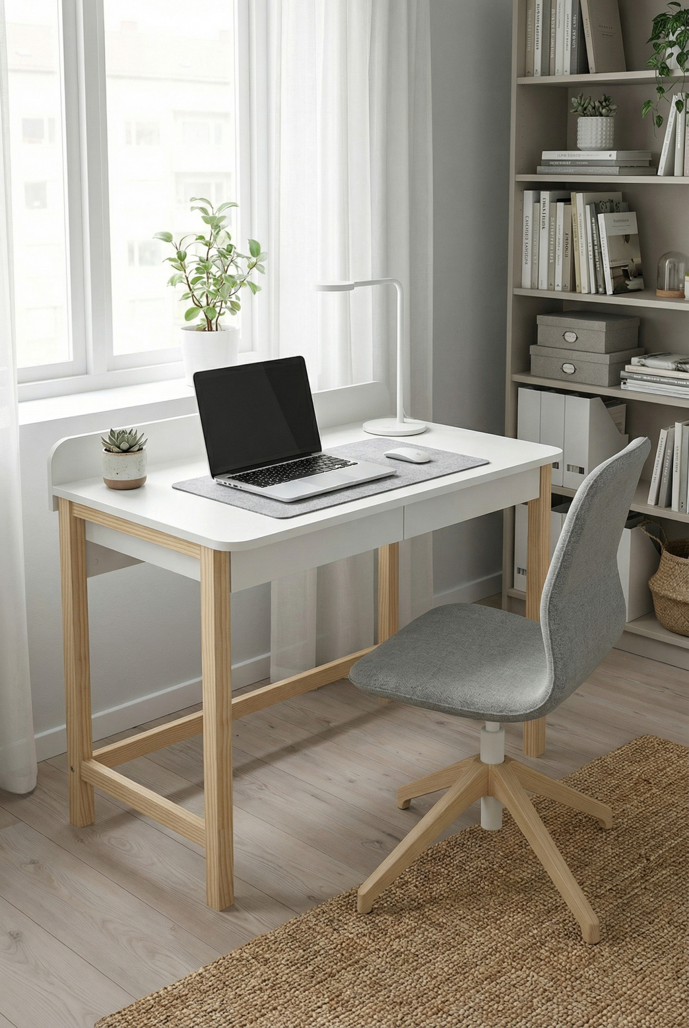 Aranżacja biura z biurkiem w stylu skandynawskim Fredo