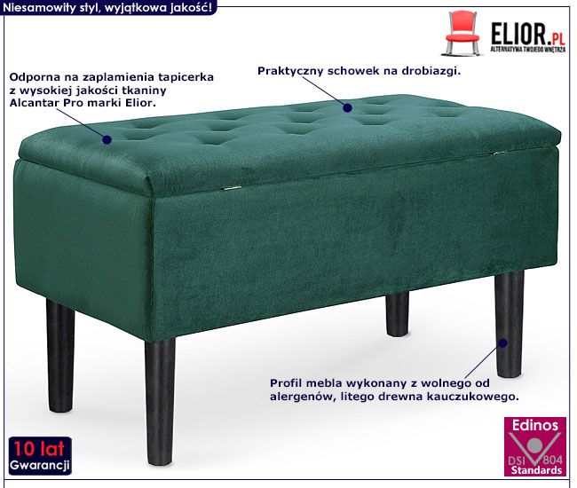 Zielona pikowana ławka do przedpokoju Emir