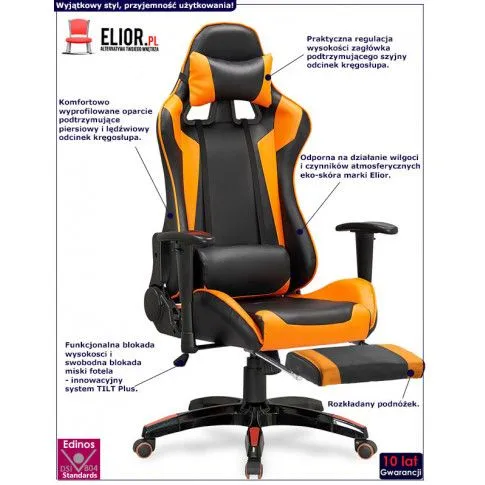Fotografia Fotel gamingowy obrotowy z podnóżkiem X-Urox - pomarańczowy z kategorii Pracownia i biuro