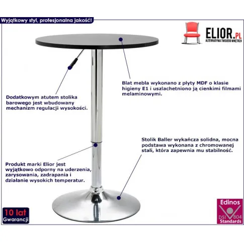 Czarny stolik barowy Baller ukazany na infografice