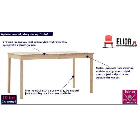 Brązowy stół sosnowy Elmor 2X ukazany na infografice