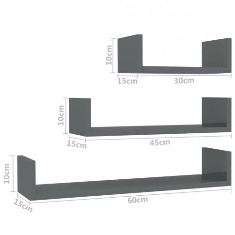 wymiary zestawu szarych półek ściennych z połyskiem baffic 3x
