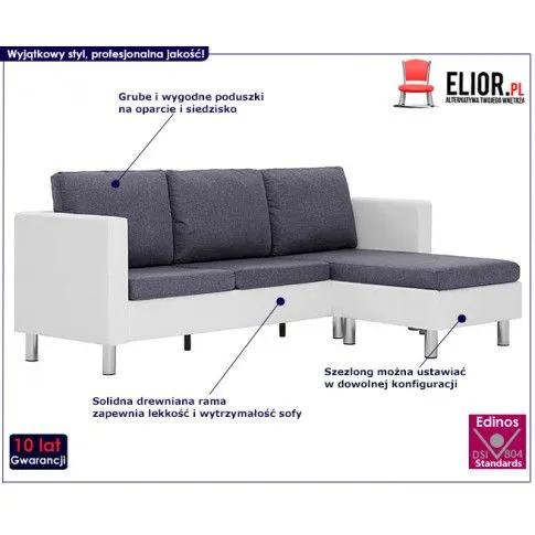 Szczegółowe zdjęcie nr 9 produktu Atrakcyjny narożnik z szezlongiem biało-ciemnoszary - Glomsti 4Qbiało-ciemnoszara