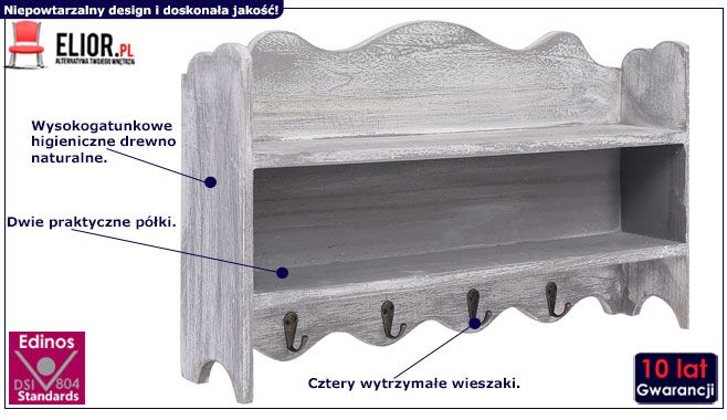 Drewniany wieszak ścienny z półkami Lusino