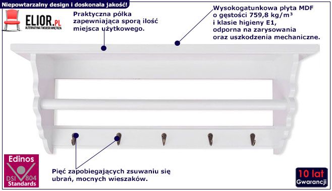 Biały elegancki wieszak ścienny z półką Nedris