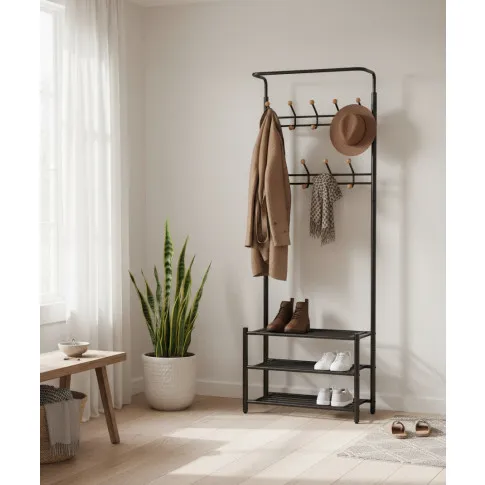 Fotografia Czarny stojak na ubrania z półkami na buty - Vatori z kategorii Wieszaki