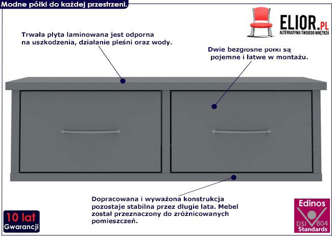 półka ścienna z szufladami toss 2x szary połysk