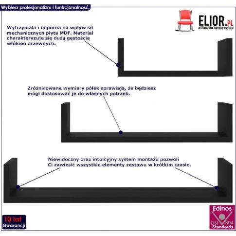 zestaw czarnych półek ściennych baffic 3x infografika