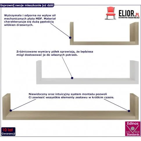 zestaw brązowo-białych półek ściennych baffic 3x infografika