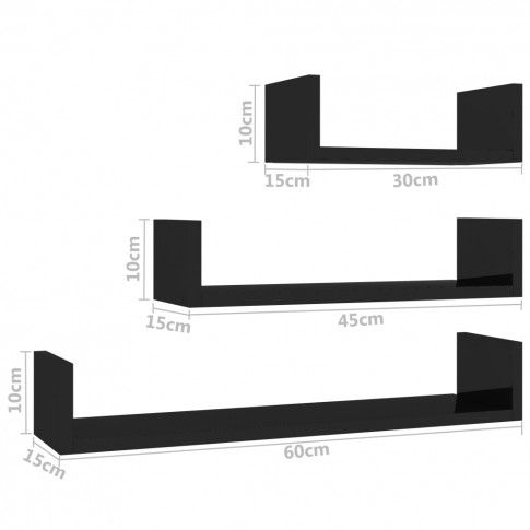 wymiary zestawu czarnych półek ściennych z połyskiem baffic 3x