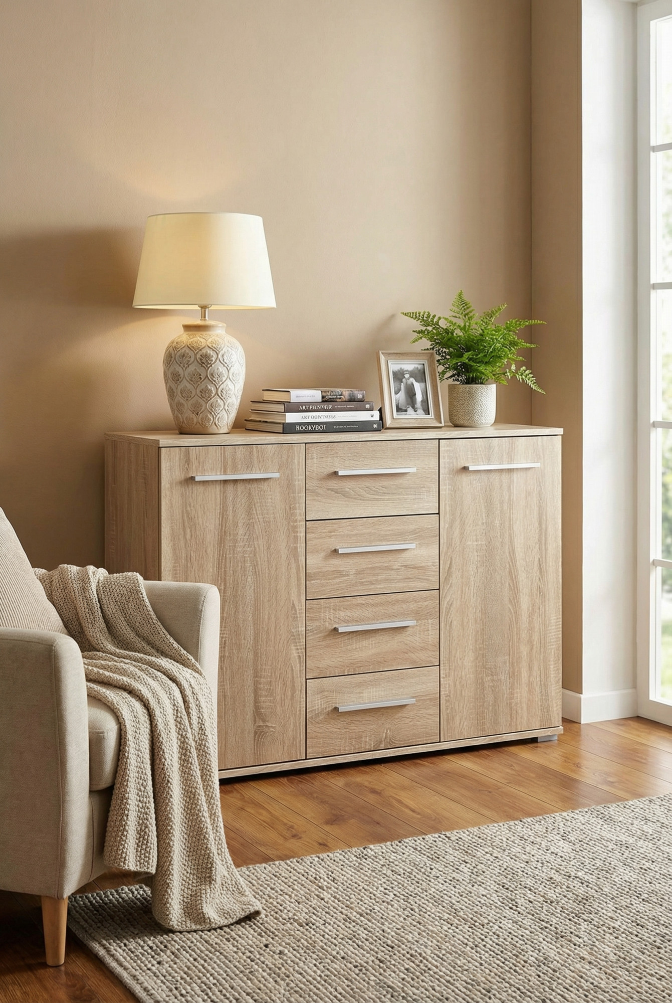 Aranżacja wnętrza z komodą dąb sonoma Kaloe C3