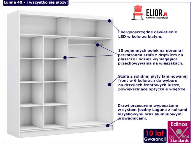 Szafa przesuwna z lustrem Lunne 4X 200 cm biała