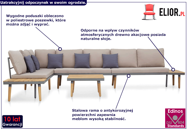 Zestaw mebli ogrodowych z szarymi poduszkami Cheryl infografika