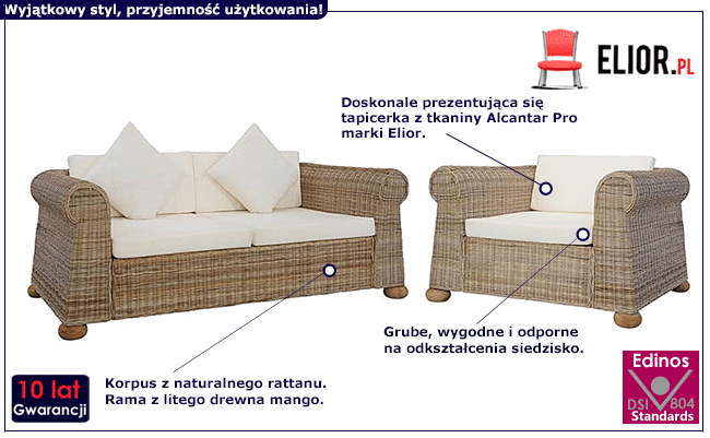 Produkt 2-częściowy 3-osobowy zestaw wypoczynkowy z naturalnego rattanu - Radna 2S