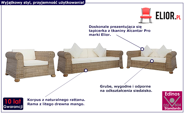 Produkt 3-częściowy 6-osobowy zestaw wypoczynkowy z naturalnego rattanu - Herria 3M