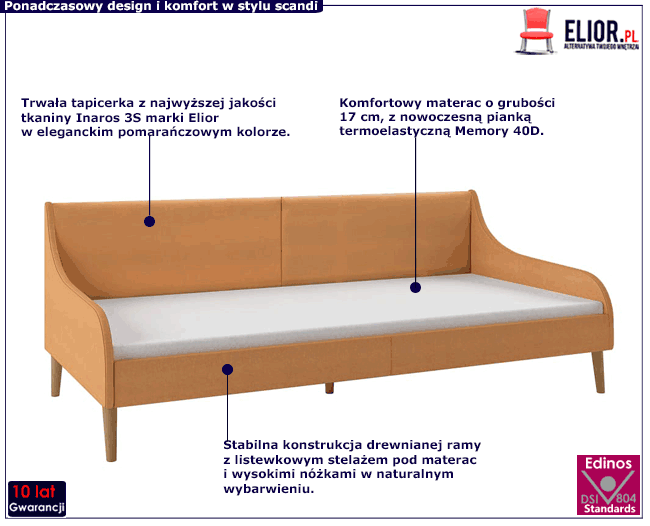 Pomarańczowa sofa z materacem Memory Fremen