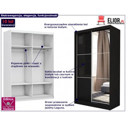 Fotografia Szafa przesuwna Selen 2X - czarna lacobel lustro z kategorii Szafy