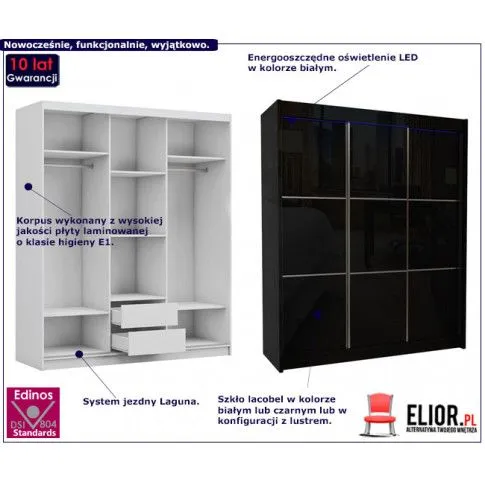 Fotografia Szafa przesuwna Selen 3X - czarna lacobel z kategorii Szafy