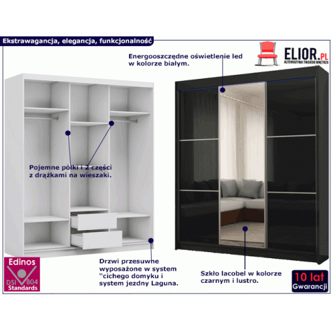 Fotografia Szafa przesuwna Selen 3X - czarna lacobel lustro z kategorii Szafy