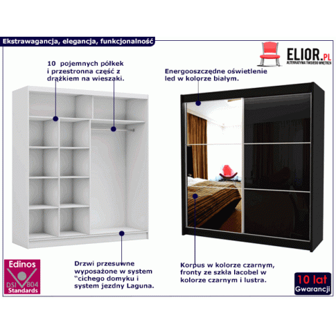 Fotografia Szafa przesuwna Selen 4X - czarna lacobel lustro z kategorii Szafy