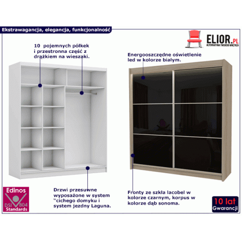 Fotografia Szafa przesuwna Selen 4X - dąb sonoma lacobel czarny z kategorii Szafy