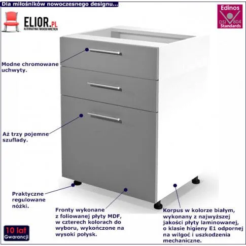 Fotografia Kuchenna szafka dolna z szufladami Vokres 9X - jasny popiel połysk z kategorii Szafki