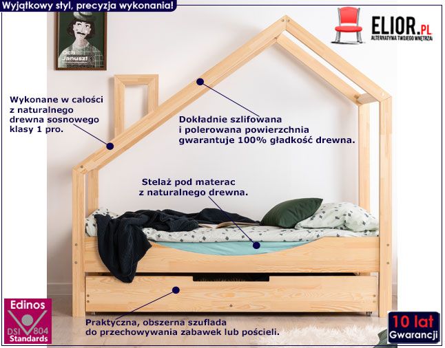 Drewniane łóżko dziecięce ze schowkiem domek Lumo 11X