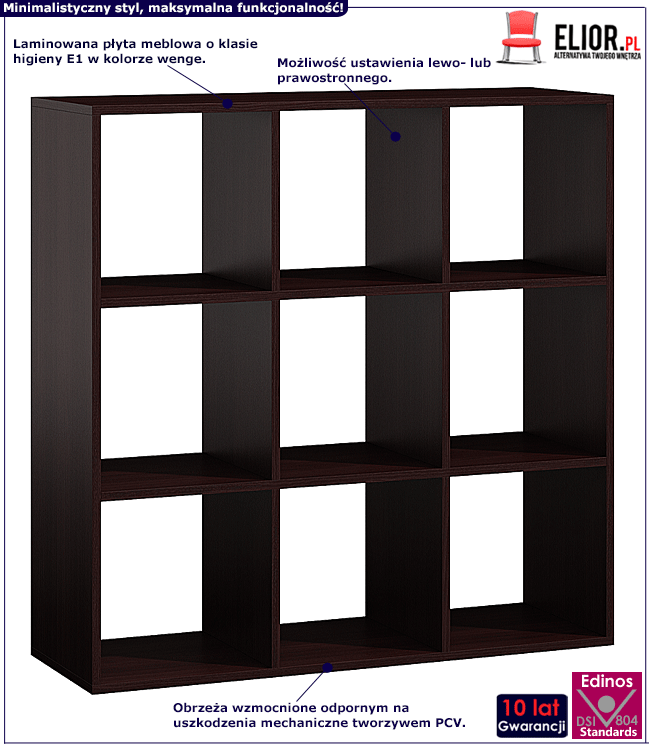 Kwadratowy regał do salonu, biura wenge Cesaro 7X