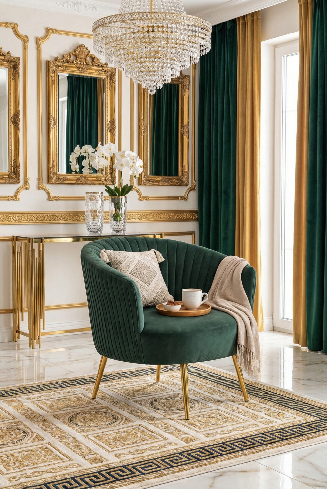 Salon glamour z wykorzystaniem zielonego fotela Kasto