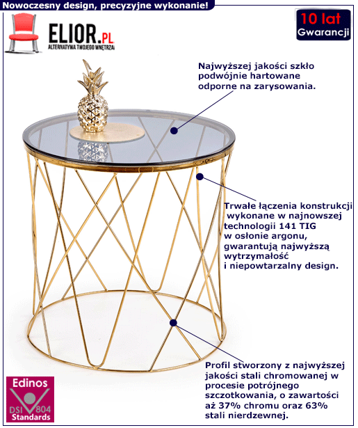 Okrągły złoty stolik kawowy ze szklanym blatem Parker