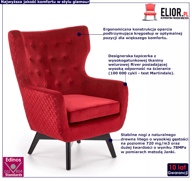 Bordowy fotel uszak Xoda