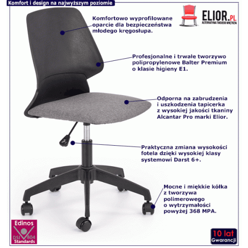 Fotografia Młodzieżowy fotel obrotowy Doren - czarny + popielaty z kategorii Siedziska dla dzieci i młodzieży