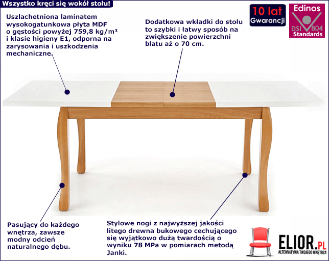 Rozkładany stół Novis - dąb naturalny + biały.