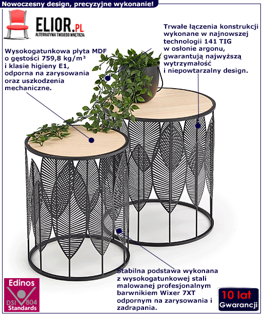 Zestaw czarnych loftowych stolików kawowych Lorea