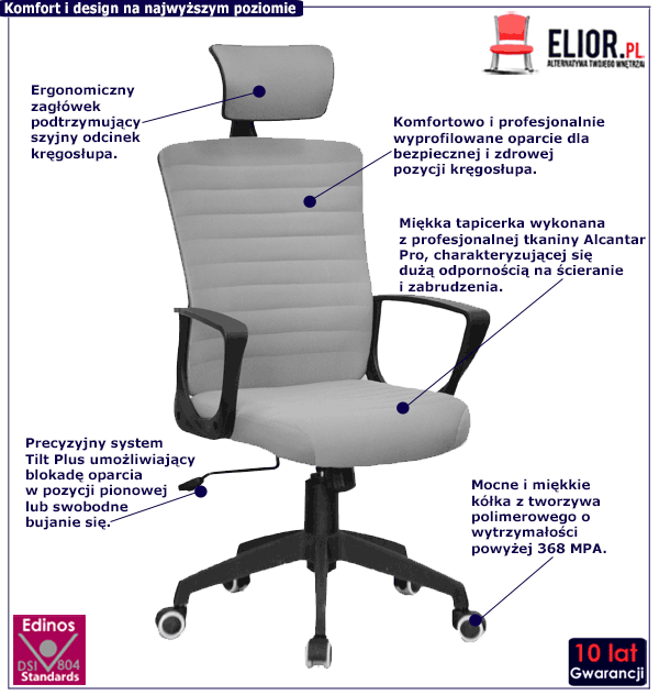 Popielaty fotel obrotowy Edna z funkcją bujania się i regulacją wysokości