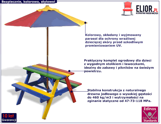 Kolorowy stół piknikowy z ławeczkami i parasolem Loris