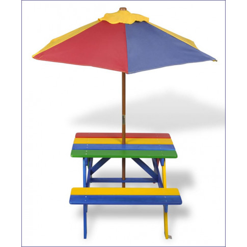 Zdjęcie kolorowy dziecięcy stół z ławkami i parasolem Loris - sklep Edinos.pl