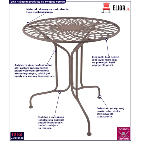 Brązowy metalowy stolik ogrodowy Casima infografika