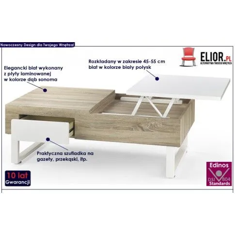Fotografia Rozkładana ława Emla - biały połysk + dąb sonoma z kategorii Ławy i stoliki