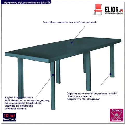 Szczegółowe zdjęcie nr 6 produktu Zielony długi stół ogrodowy z otworem na parasol - Modero 3X