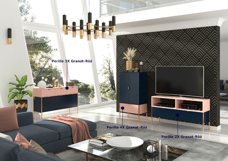 Kolekcja granatowo różowych mebli w stylu glamour Perilla