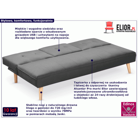 Zdjęcie popielata rozkładana sofa z gniazdem USB Uzzi | Edinos.pl