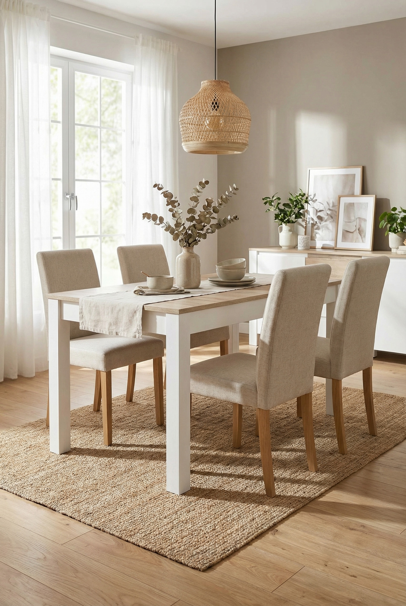 Noowczesne wnętrze z wykorzystaniem stołu Molus biały dąb sonoma