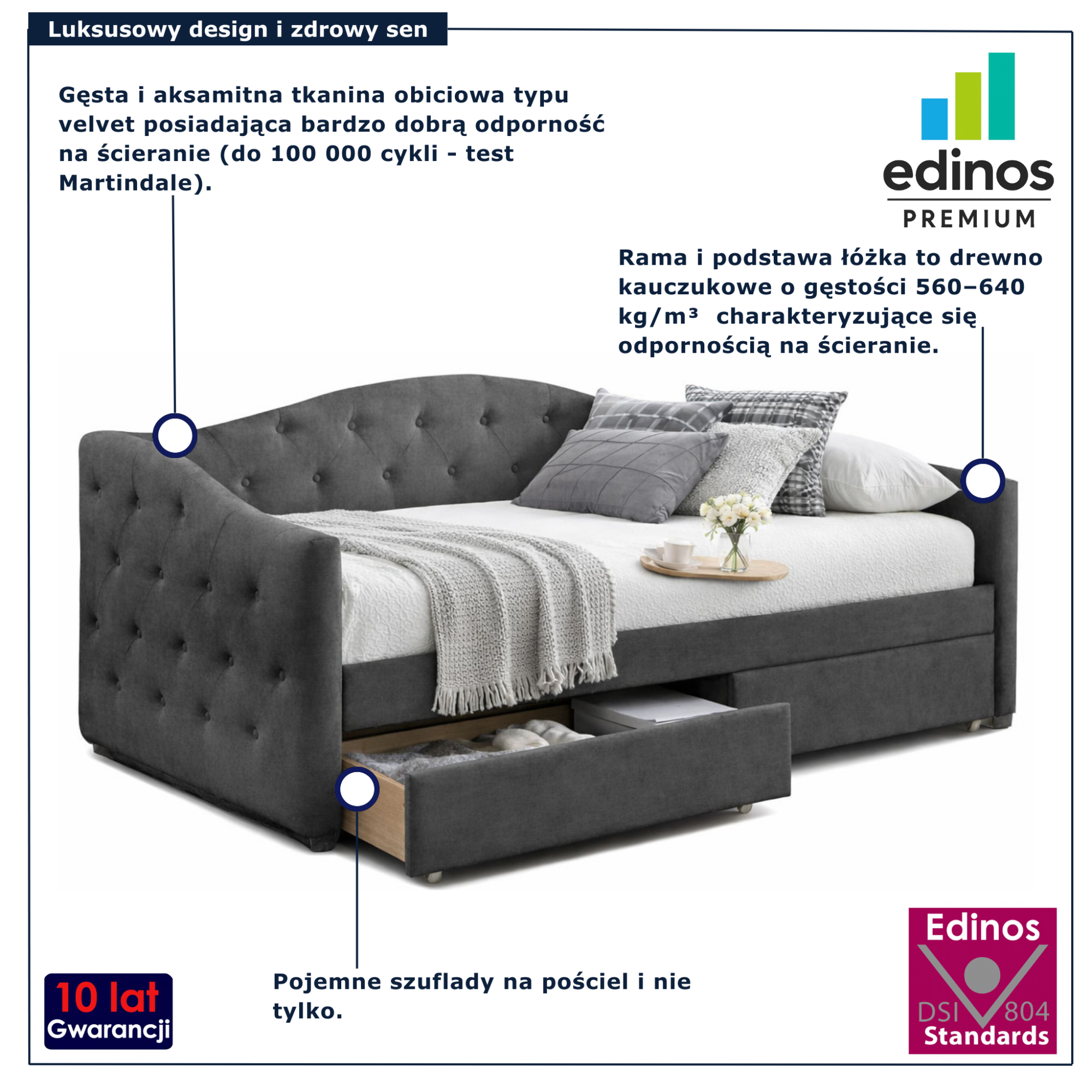 Szare tapicerowane łóżko pikowane z szufladami Santiagos