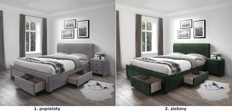 Zielone łóżko z szufladami Moris
