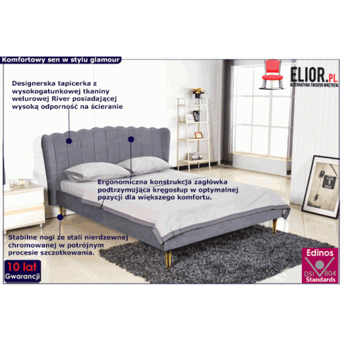 Fotografia Dwuosobowe łóżko glamour Xazo - popielate z kategorii Łóżka tapicerowane z zagłówkiem