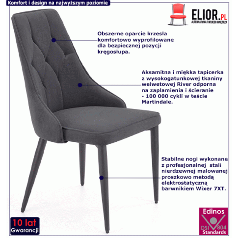 Fotografia Szare eleganckie welurowe krzesło pikowane - Baldora z kategorii Krzesła tapicerowane