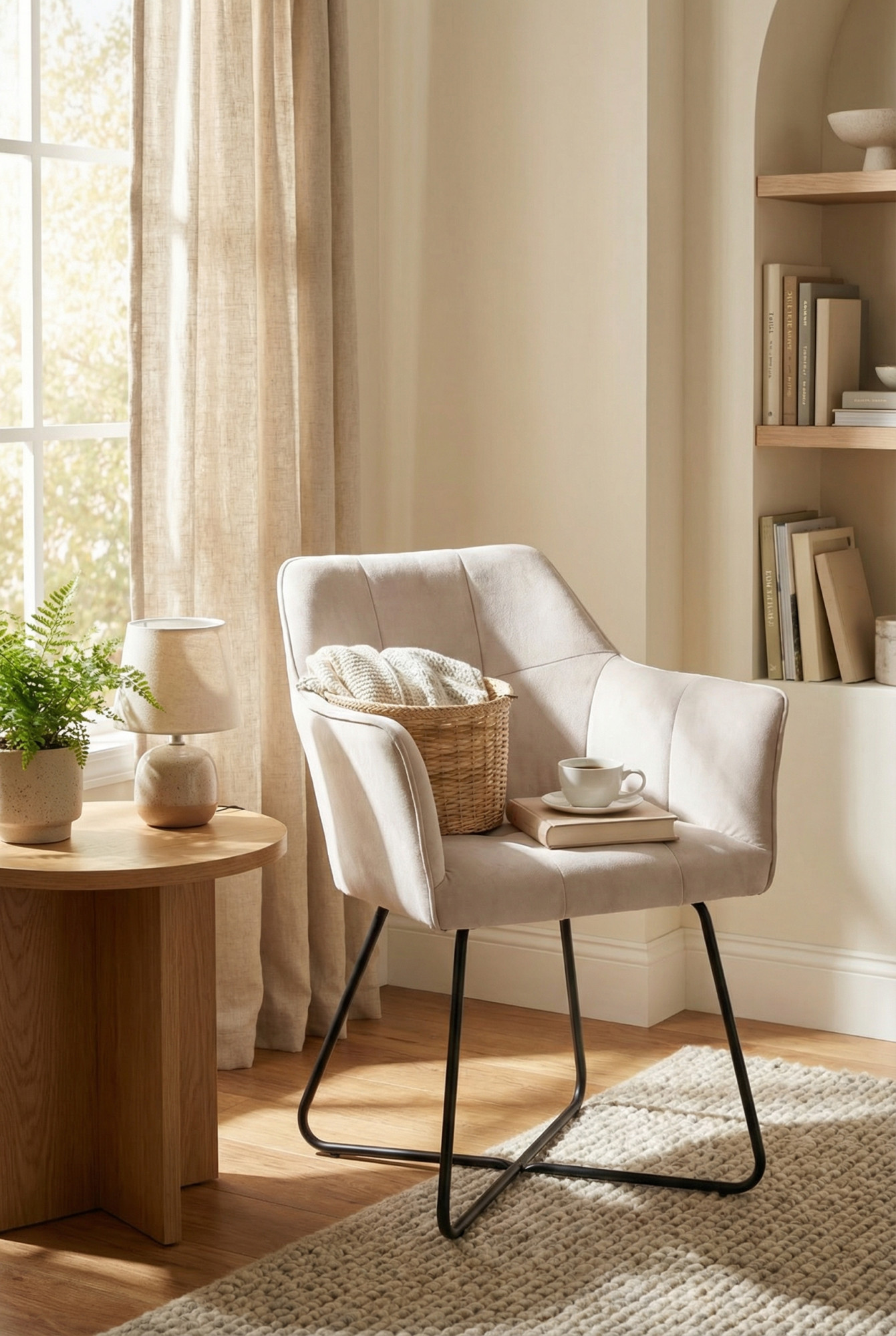 Aranżacja wnętrza z beżowym metalowym krzesłem tapicerowanym Filip