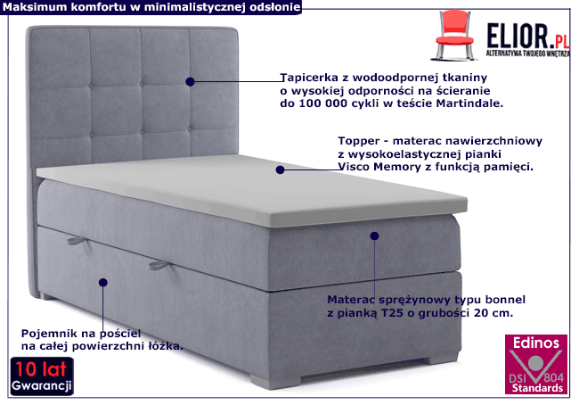 Pojedyncze łóżko kontynentalne z pojemnikiem 90x200 Nubis