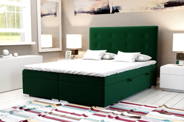 Łóżko hotelowe boxspring z zagłówkiem i schowkiem na pościel Claro